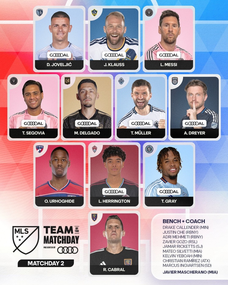 Xingkong Yule-美职联第2轮最佳阵：梅西、穆勒、塞戈维亚在列，主帅马斯切拉诺